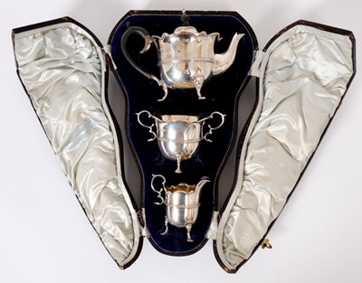 Lot 228 - Edwardian silver three piece bachelor tea set by Walker & Hall in original fitted case.