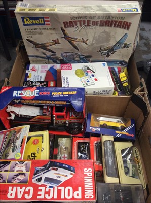 Lot 451 - Two boxes of mixed toys including Battle of Britain model kit, models of Yesteryear, Corgi, games etc