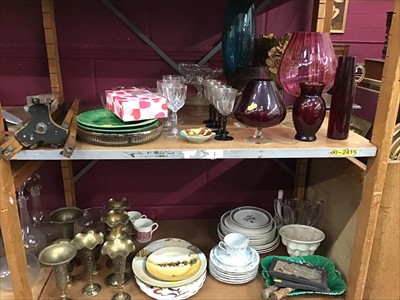 Lot 556 - Two shelves of various china and glassware to include Royal Doulton series ware and Majolica leaf plates