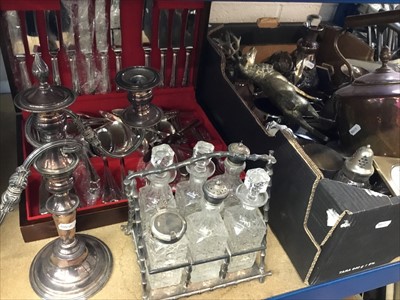 Lot 226 - Victorian plated cruet stand, canteen of cutlery, other plate and metalwares