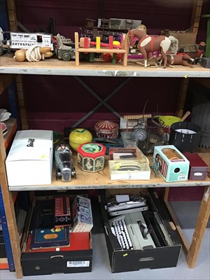 Lot 536 - Collection of toys and games including Steiff bear and two manual typewriters