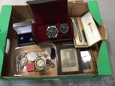 Lot 542 - Two gents wrist watches, compass, miniature portraits, RAF cuff links, pen and badges