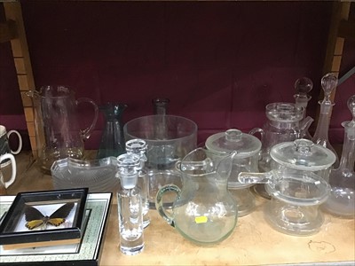 Lot 547 - Collection of glass ware including decanters, ewers and other vessels plus two butterfly specimens in frames