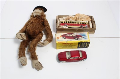 Lot 1377 - Dinky 176 NSU Ro 80 No.176 boxed, diecast model bus and a plush monkey plus French Automobile magazines and three issues of The Triumph of Speed