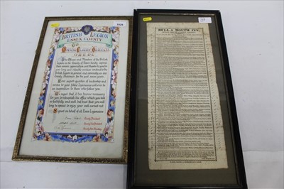 Lot 1929 - British Legion scroll and Bull & Mouth inn poster, framed