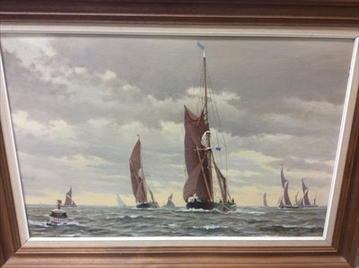 Lot 431 - Roger Fisher oil on board- A Mark of the Course, Thames sailing barges racing off the Colne, Vic Ellis oil on canvas nautical study and two other studies