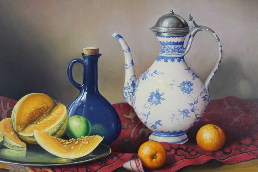 Lot 1017 - Paul Morgan (b.1940) oil on board - still life of fruit and vessels, signed, in gilt frame, 39cm x 49cm