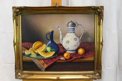 Lot 1017 - Paul Morgan (b.1940) oil on board - still life of fruit and vessels, signed, in gilt frame, 39cm x 49cm