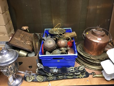 Lot 277 - Quantity of brass ware and other metalware to include eastern copper trays and a plated water filter