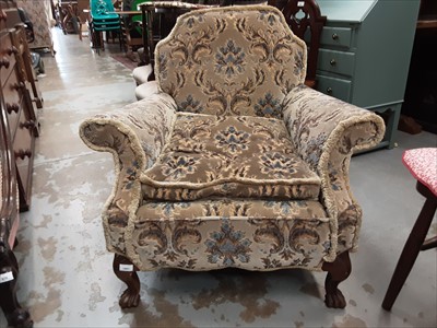 Lot 1001 - 1920s upholstered armchair on walnut cabriole front legs