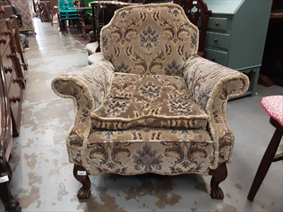 Lot 1075 - 1920s upholstered armchair on walnut cabriole front legs