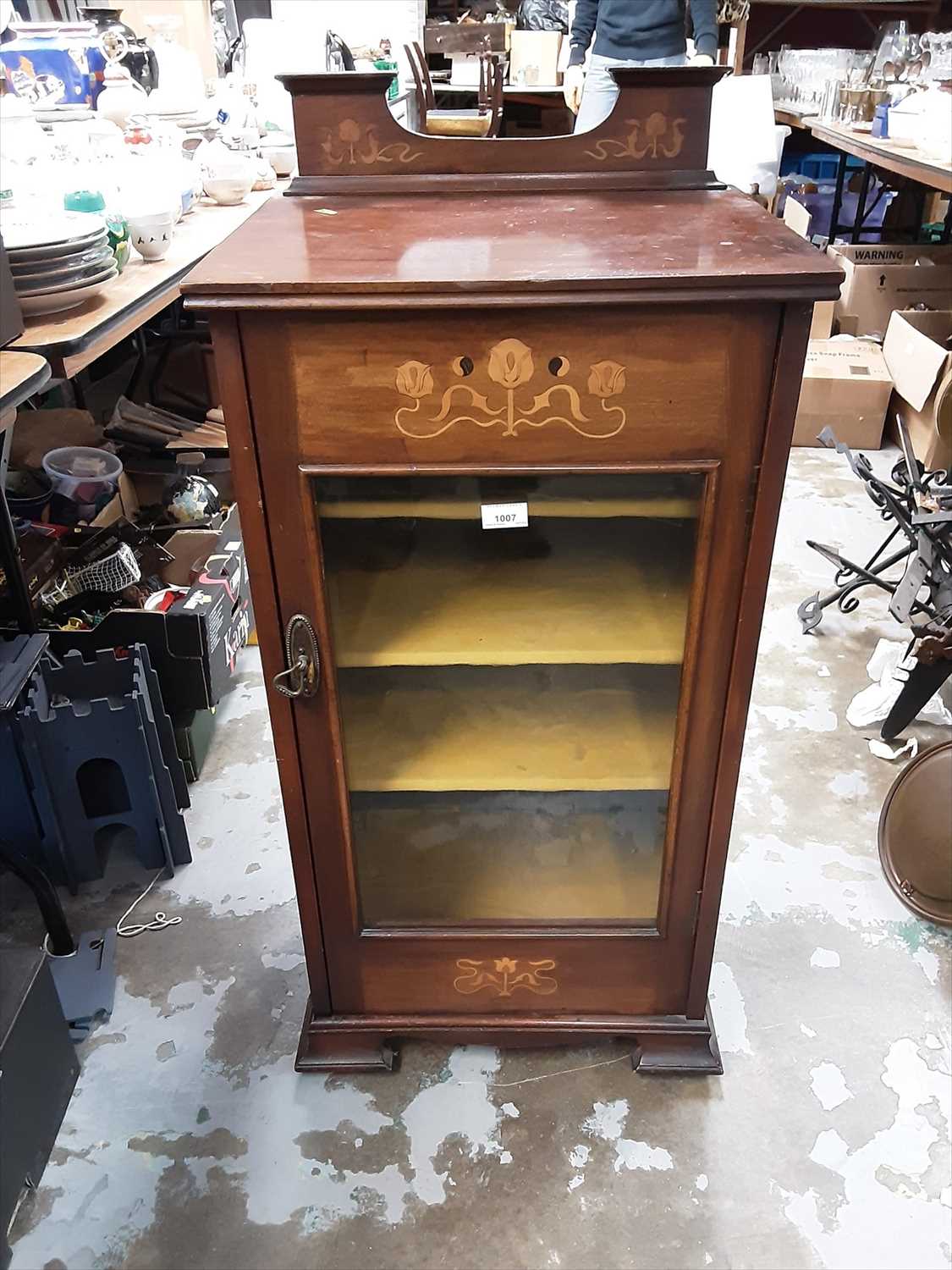 Lot 1007 - Edwardian inlaid mahogany music cabinet with shelved interior enclosed by glazed door