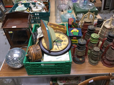 Lot 337 - Early 20th Century Smokers cabinet, together with oil lamps, clock and sundries