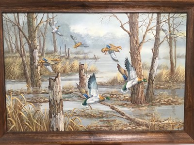 Lot 97 - T. Boyle, English School oil on canvas - mallards in flight through the trees, signed, framed