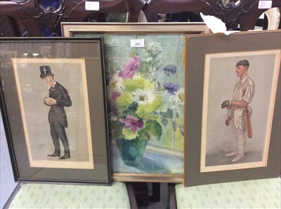 Lot 103 - Edwardian Spy print of a cricketer, another, still life oil and a decorative print