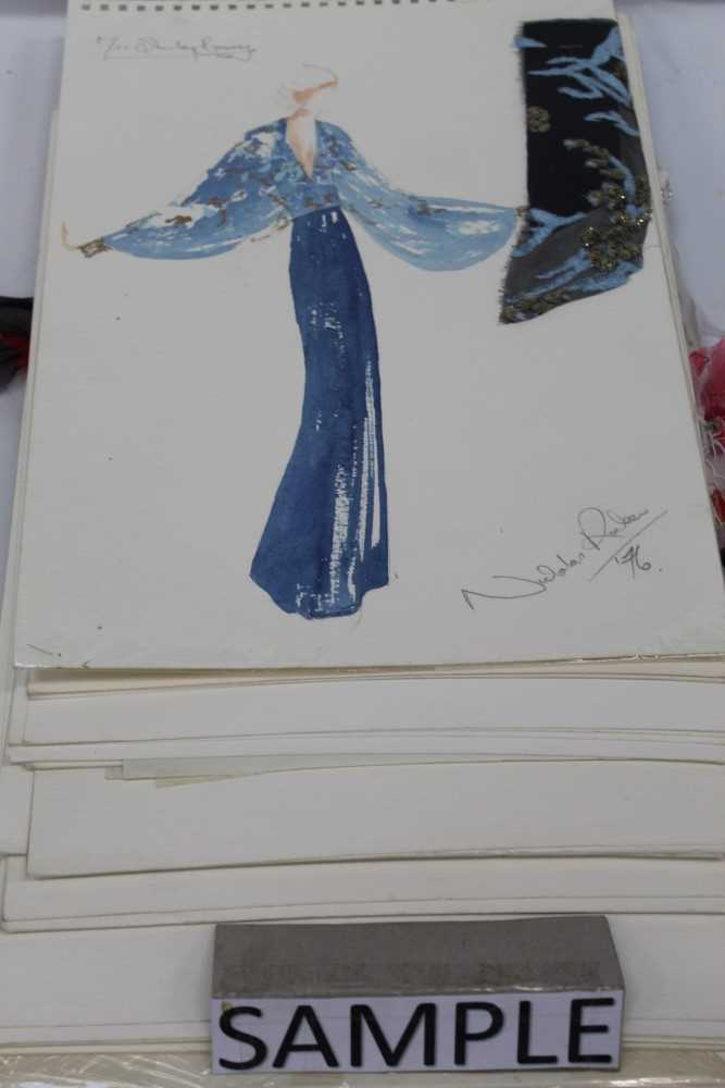 Lot 1969 - Shirley Bassey memorabilia including 1970's Costume designs in graphite and watercolour  by Nicholas Rocker with fabric swatches signed and dated by designer. Photographs etc.