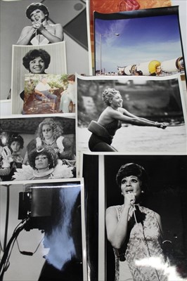 Lot 1969 - Shirley Bassey memorabilia including 1970's Costume designs in graphite and watercolour  by Nicholas Rocker with fabric swatches signed and dated by designer. Photographs etc.