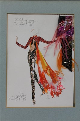 Lot 1969 - Shirley Bassey memorabilia including 1970's Costume designs in graphite and watercolour  by Nicholas Rocker with fabric swatches signed and dated by designer. Photographs etc.