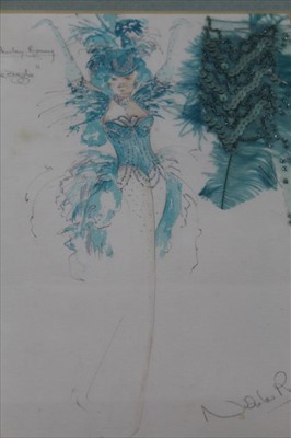 Lot 1969 - Shirley Bassey memorabilia including 1970's Costume designs in graphite and watercolour  by Nicholas Rocker with fabric swatches signed and dated by designer. Photographs etc.