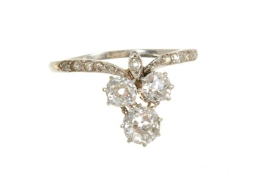 Lot 437 - Edwardian diamond ring with three old cut diamonds in a clover leaf shape cluster