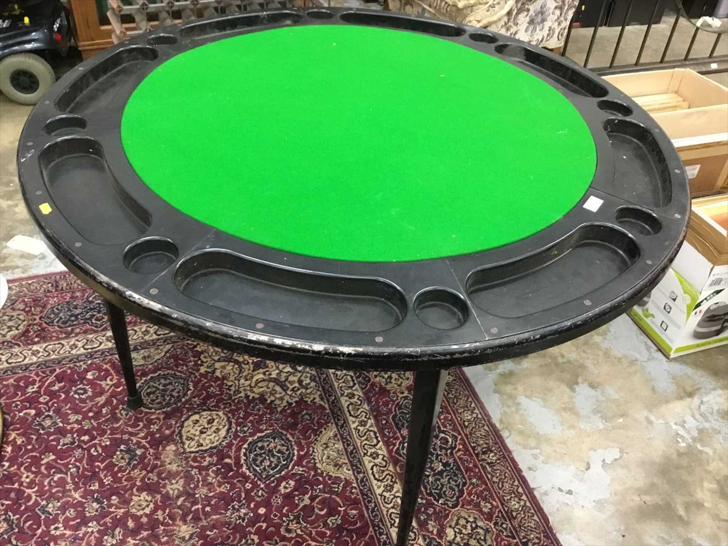 Lot 1044 - Modern circular metal gaming table with baize top and counter wells on folding legs