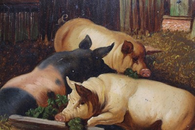 Lot 1079 - George Polhill of Croydon, 19th century, pair of oils on board, tondo - farmyard scenes with pigs and dogs, one initialled, in gilt frames, 20.5cm diameter