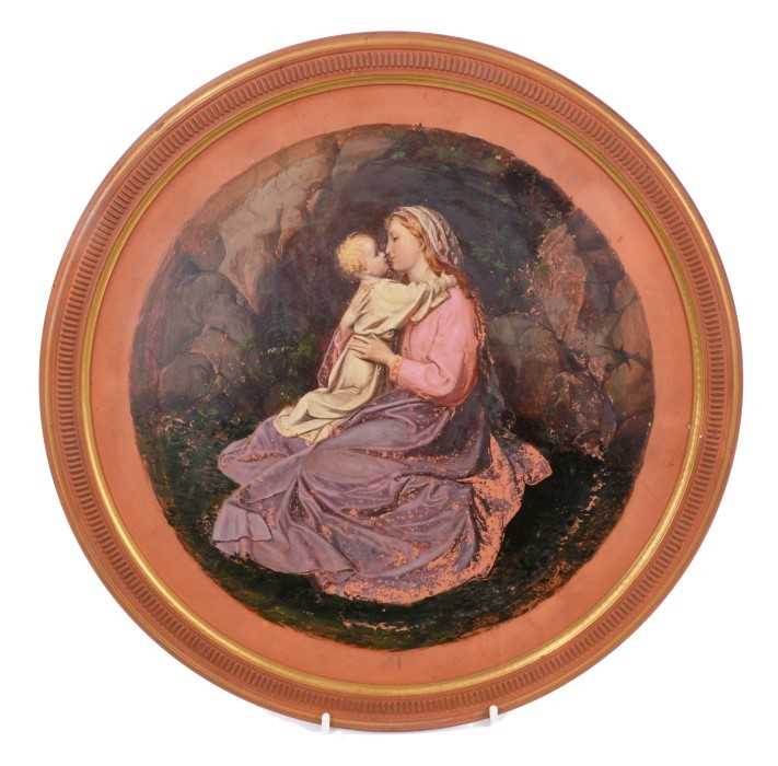 Lot 47 - Victorian round terracotta plaque, finely painted with a scene of a woman embracing a child, 37cm diameter