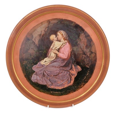 Lot 144 - Victorian round terracotta plaque, finely painted with a scene of a woman embracing a child, 37cm diameter