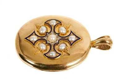 Lot 419 - Victorian gold locket with pearl, diamond and blue enamel cross motif