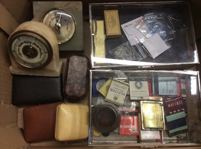 Lot 485 - Two onyx desk barometers, empty jewellery boxes, matches and sundries