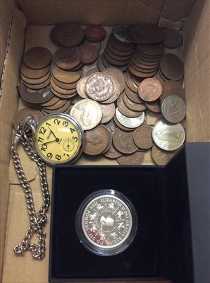 Lot 493 - Coins, stamp album, pocket watch, Parker pen set and microid metric weight set