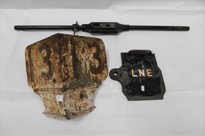 Lot 1947 - Cast Iron Railway sign numbered 13, together with a cast iron railway plaque and a die with LNWR markings (3)