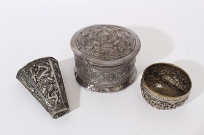 Lot 234 - Chinese white metal wall pocket with dragon decoration, Eastern pot with cover and small bowl