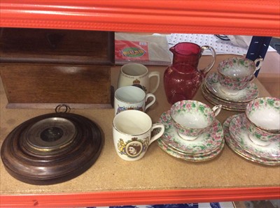 Lot 107 - Wooden letter box, wall barometer, cranberry glass vase and tea ware