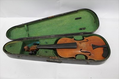 Lot 1783 - Old violin in green baize lined wooden case