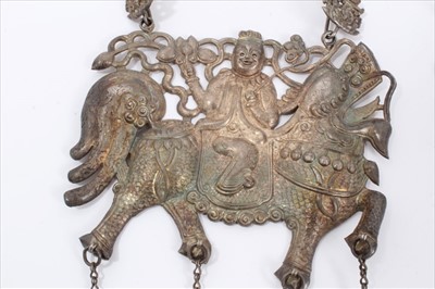 Lot 5 - Two Old Chinese white metal necklaces with embossed plaque depicting a figure on a dragon/horse