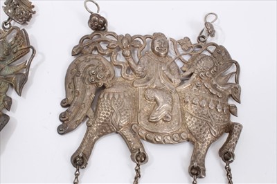 Lot 5 - Two Old Chinese white metal necklaces with embossed plaque depicting a figure on a dragon/horse