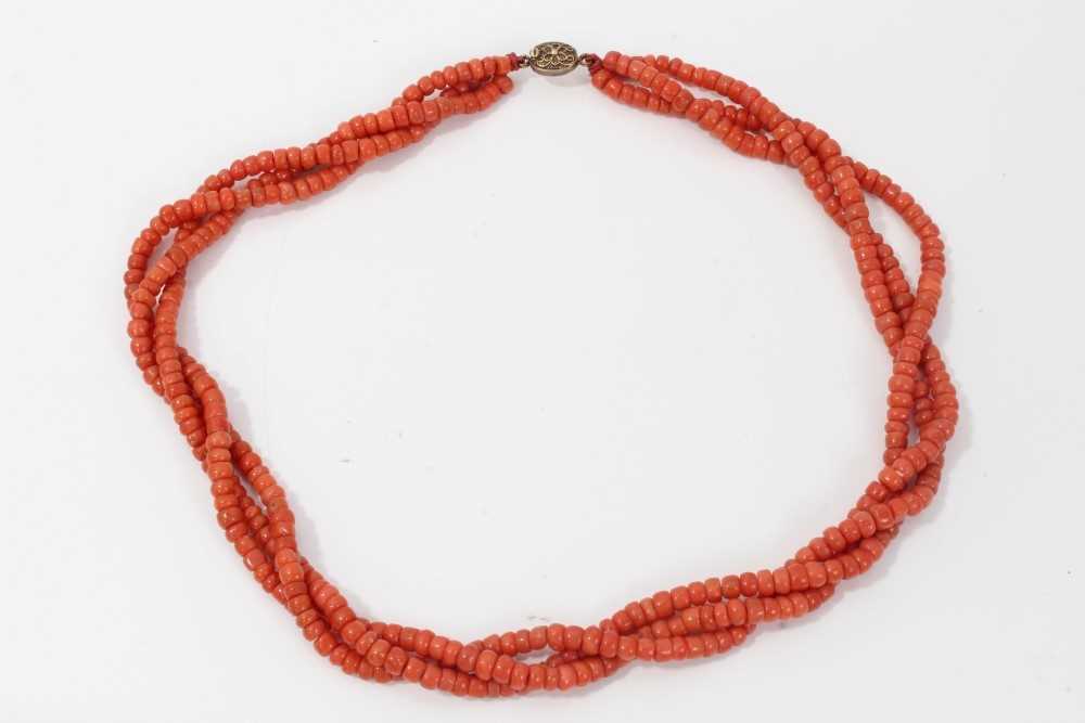 Lot 172 - Old Chinese coral three stand rope twist necklace with silver clasp