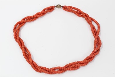 Lot 6 - Old Chinese coral three stand rope twist necklace with silver clasp