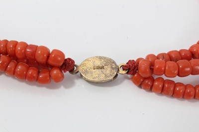 Lot 172 - Old Chinese coral three stand rope twist necklace with silver clasp