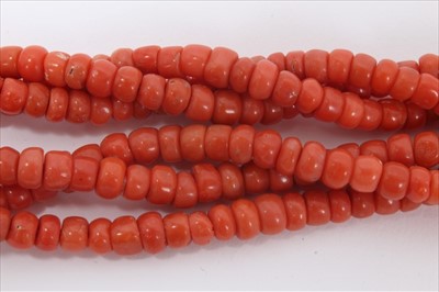 Lot 6 - Old Chinese coral three stand rope twist necklace with silver clasp
