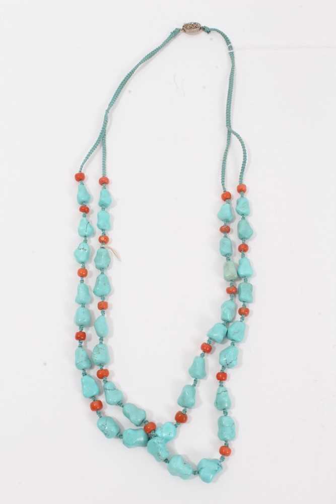 Lot 8 - Turquoise and coral bead two strand necklace with silver clasp