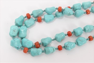 Lot 8 - Turquoise and coral bead two strand necklace with silver clasp