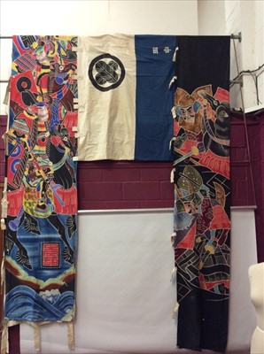 Lot 1665 - Three large hand painted Japanese banners with warriors and symbols.