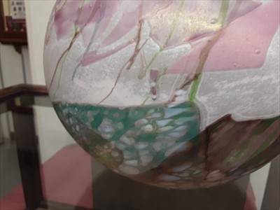 Lot 951 - Large Isle of Wight globular vase with pink, white and turquoise decoration and original sticker