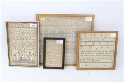 Lot 1669 - Four Victorian Samplers all with names and dates. Two figures in a garden, verse, alphabet and numerals.