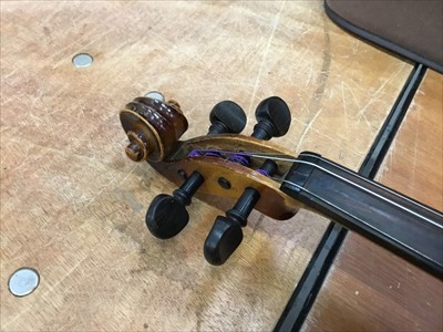 Lot 1778 - Old violin bearing a label - 'David Christian Hopl, Instrumentalia in Quittenbach, 1760' with a violin bow in case