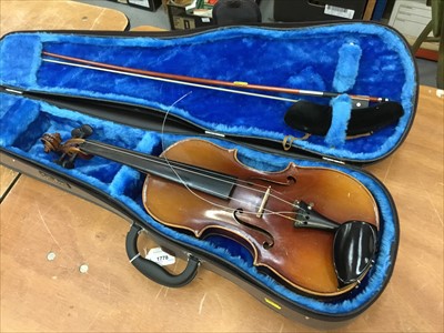 Lot 1778 - Old violin bearing a label - 'David Christian Hopl, Instrumentalia in Quittenbach, 1760' with a violin bow in case