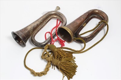 Lot 672 - First World War Regimental Copper and Brass Bugle, named to 1st Lincs V.A. together with a 1970s British Military silver plated bugle (2)