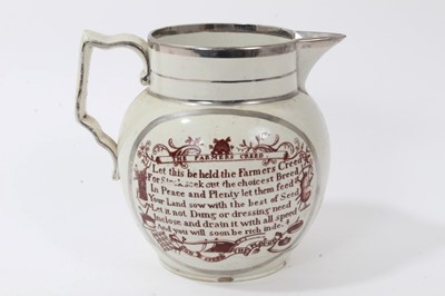Lot 89 - Pearlware and silver lustre harvest jug, circa 1810, printed with 'God Speed the Plough', other motifs and a poem, 14cm height